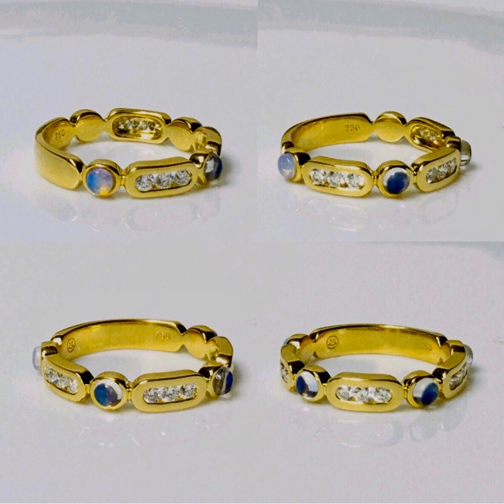 Vintage rare Movado 18K yellow gold moonstones and diamonds stunning band ring - Picture 2 of 10